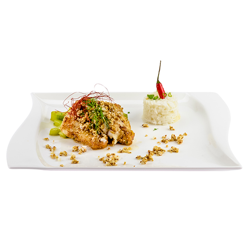 Sesam-Wallerfilet mit Gurken-Dill-Gemüse