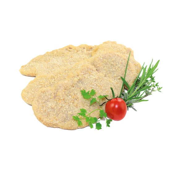 Schwein Oberschale ohne Deckel roh,geplättet,paniert 180g