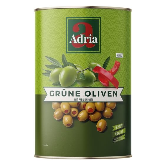 Oliven grün gefüllt mit Paprikapaste 4,25kg/2,45kg Adria