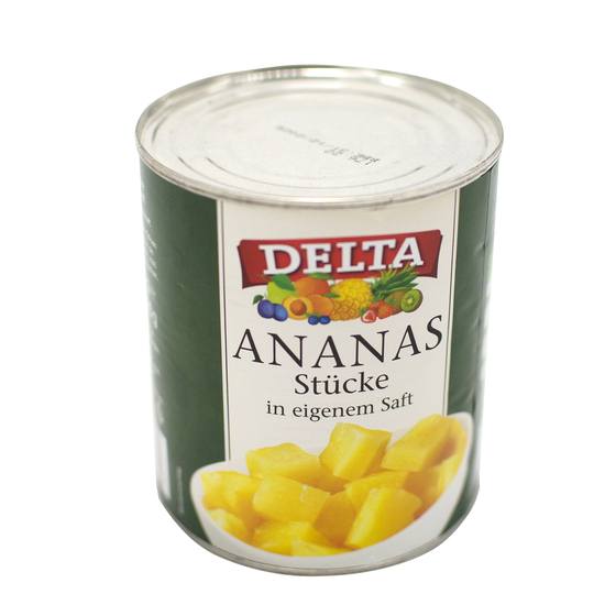 Ananas Stücke in eigenem Saft 825g/490g Delta