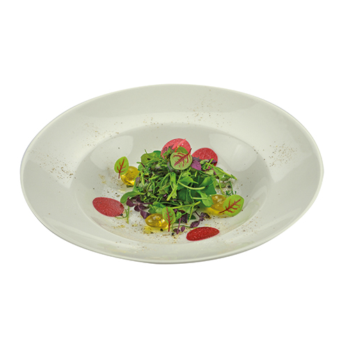 Salat aus Wildkräutern und Kressen | Fruchtpapier | Olivenöl Sphäre