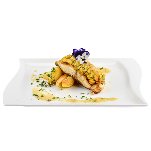 Edelwaller mit Kartoffelkruste in Biersauce