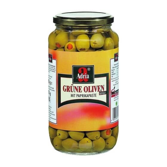 Oliven grün gefüllt mit Paprika-Paste 900g/580g Adria