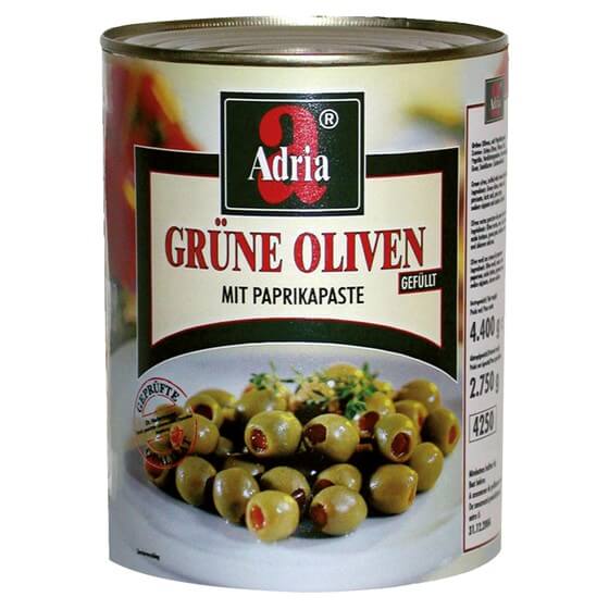 Oliven grün gefüllt mit Paprikapaste 4,25kg/2,45kg Adria
